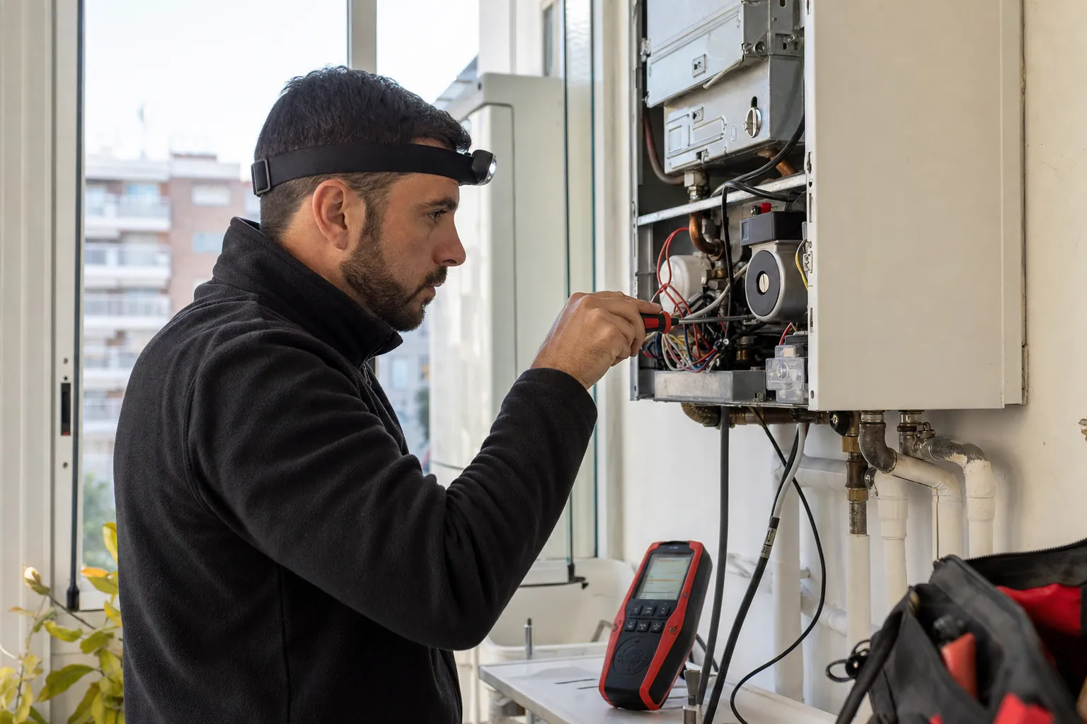 Técnico de calefacción revisando un calentador de gas abierto en una vivienda de Madrid