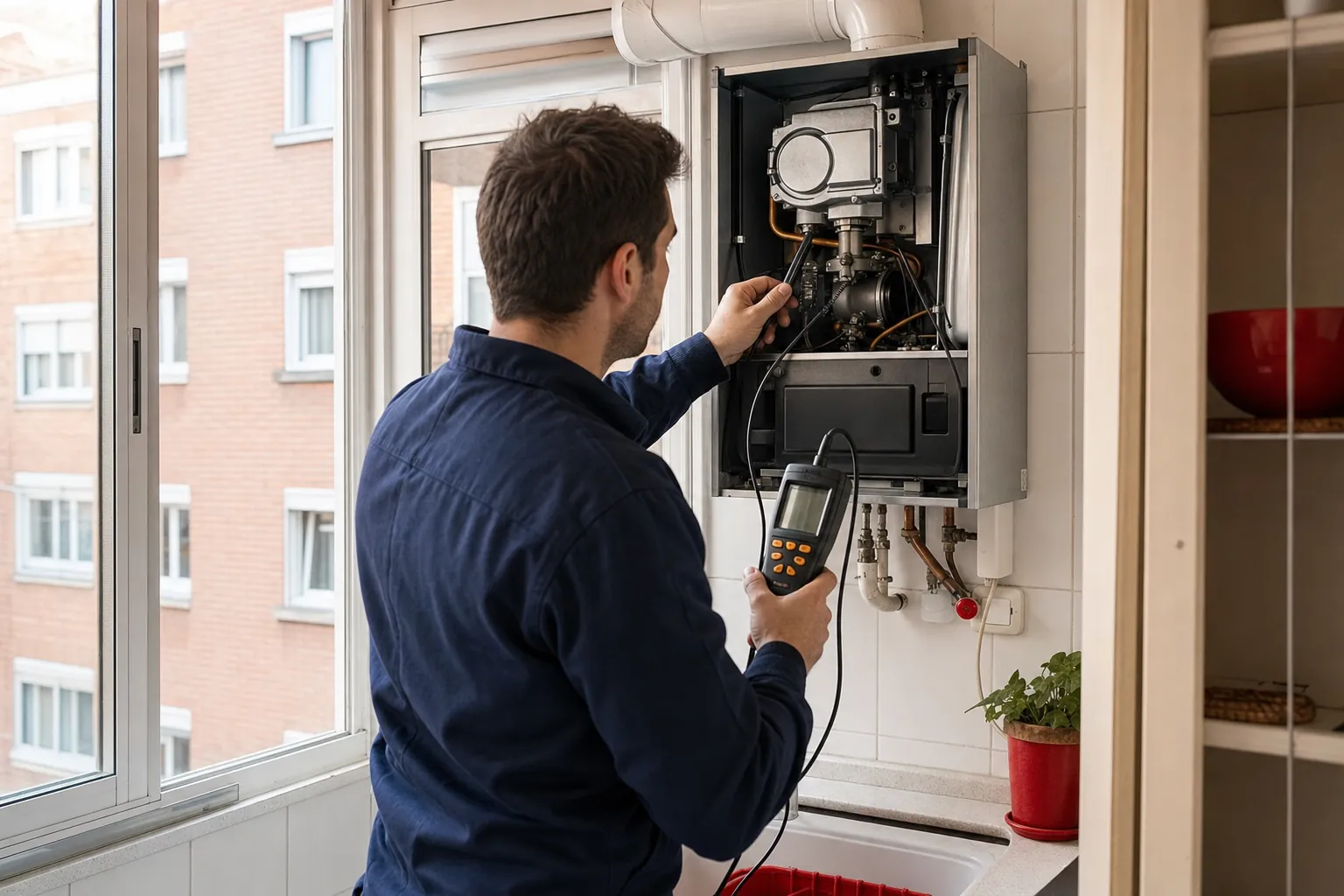 Técnico revisando un calentador de gas abierto en la cocina de un piso de Madrid